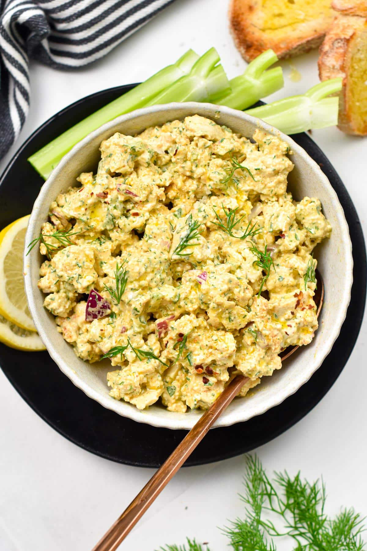 This Tofu Egg Salad is a high-protein meal perfect to make tofu sandwich or fill lettuce cups for a low-carb vegan dinner. 
