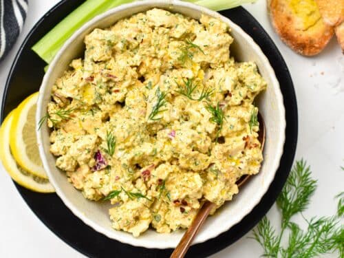 This Tofu Egg Salad is a high-protein meal perfect to make tofu sandwich or fill lettuce cups for a low-carb vegan dinner. 