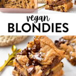 These vegan blondies are chewy, gooey vanilla bars filled with chocolate chips and crispy edges. Plus these vegan blondies are also nut-free and easy to make gluten-free if desired.