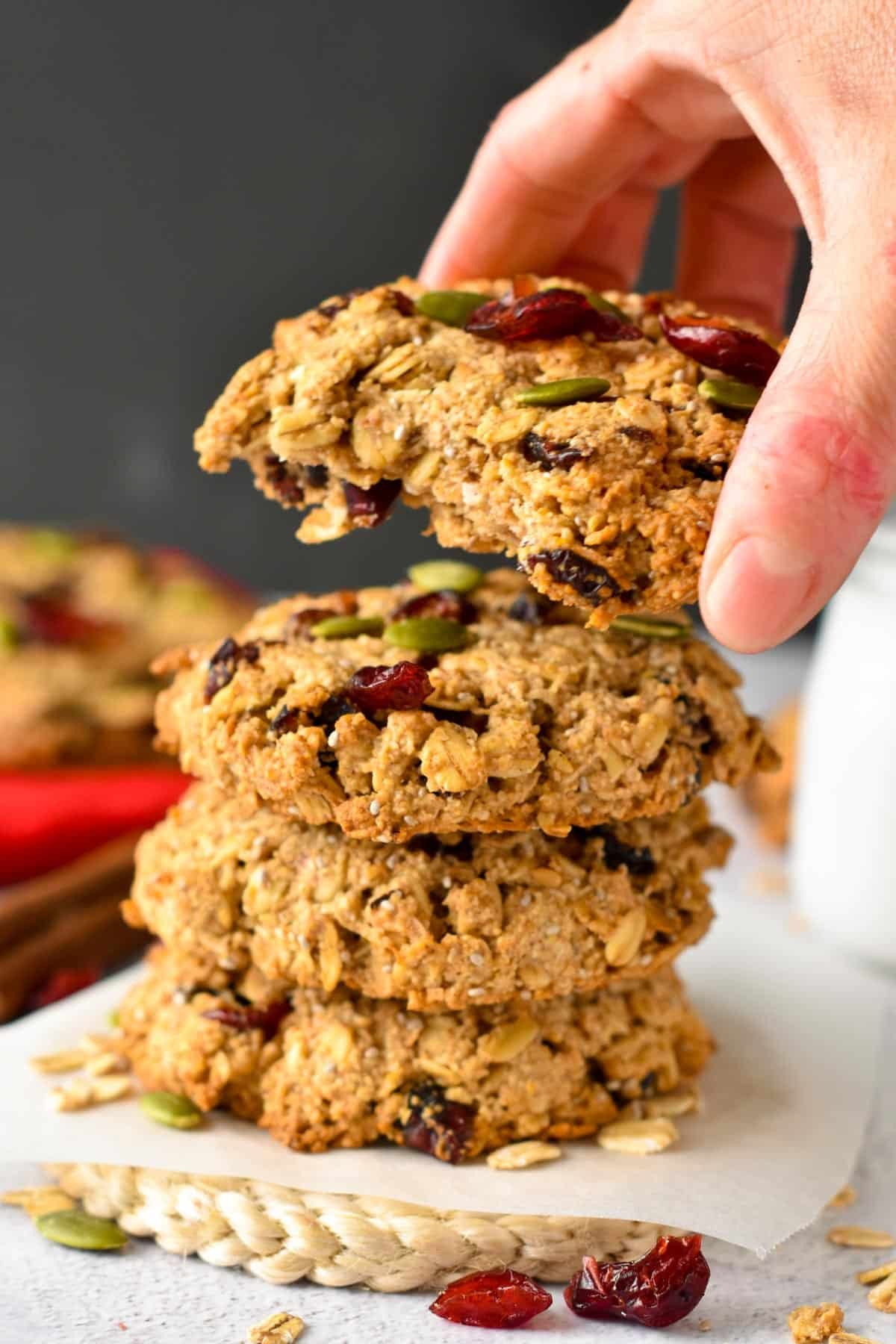 Showing a crunched vegan breakfast cookie.