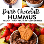 This Dark Chocolate Hummus is an easy, healthy high-protein snack with the most delicious creamy chocolate texture. If you love hummus, this dessert hummus recipe is a must-try.