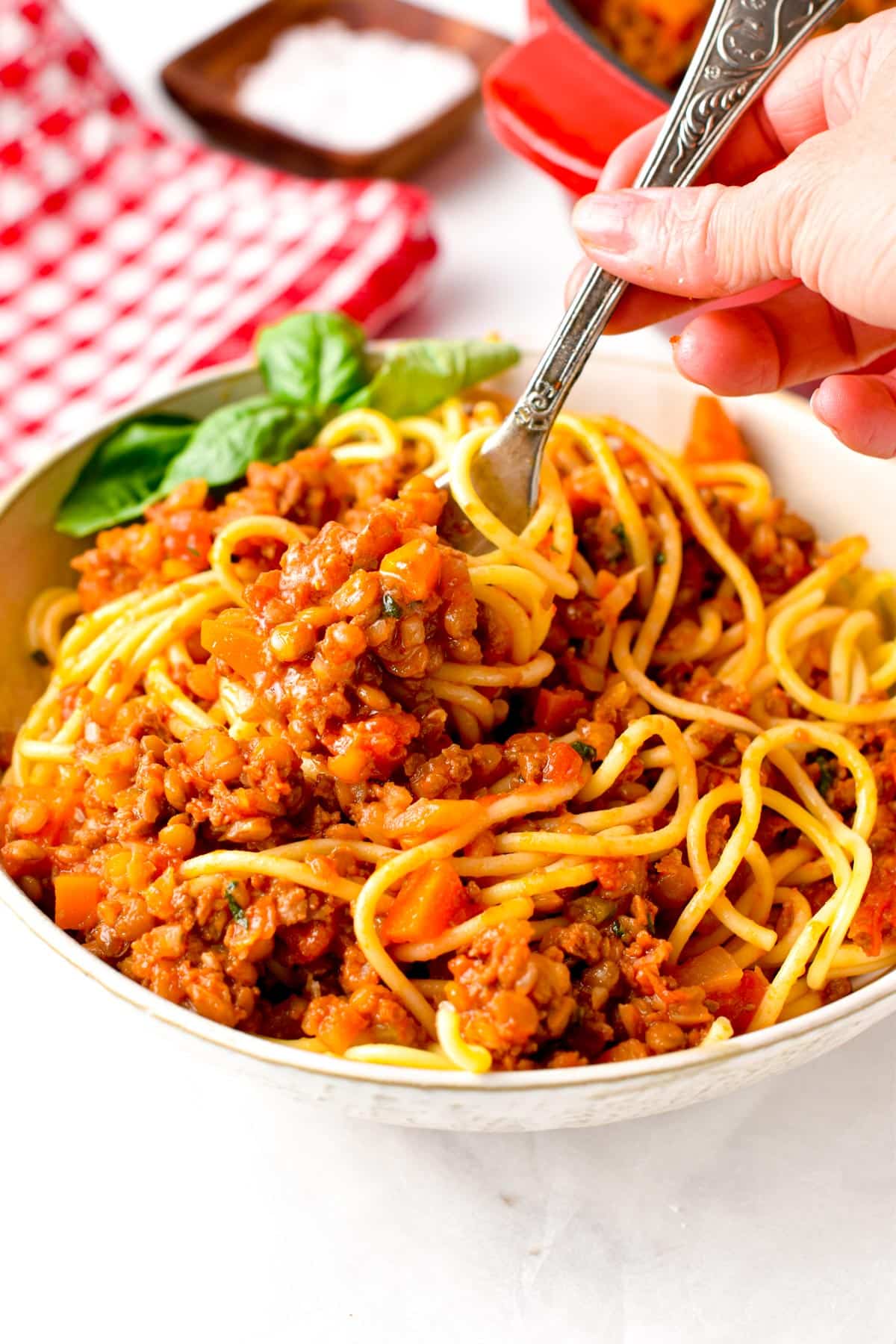 This vegan bolognese recipe is an easy healthy vegan dinner packed with the most delicious Italian flavors and more than 9 plants! If you are looking to add more plants to your plate, this lentil bolognese recipe is a must.