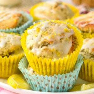 These Vegan Lemon Poppyseed Muffins are light fluffy breakfast muffins with bursting lemon flavors with a sweet tangy lemon glaze.