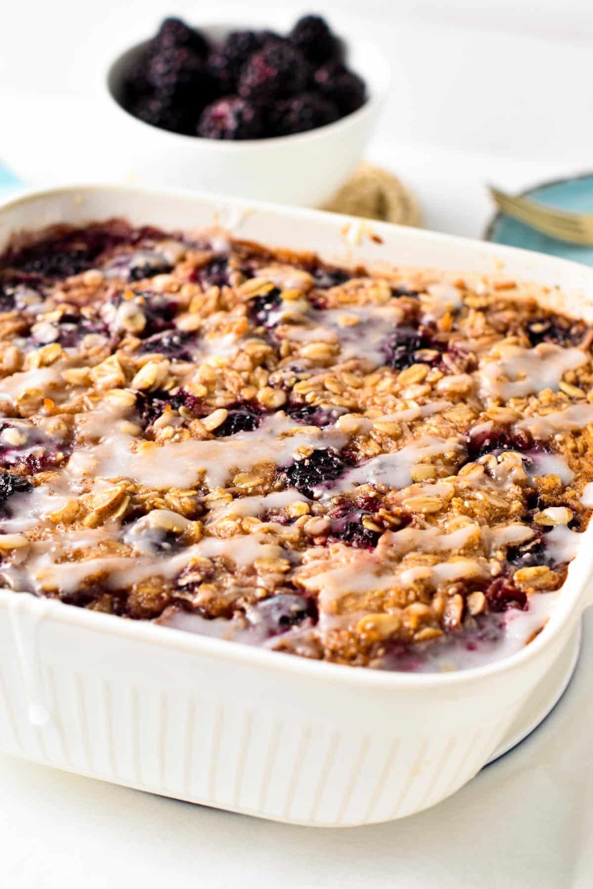 Blackberry Baked Oatmeal in a large ceramic dish.