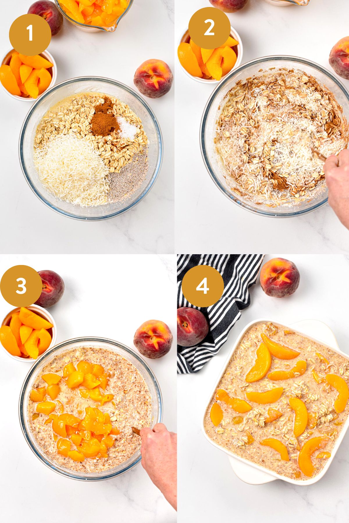This Peach Baked Oatmeal isa creamy large batch of baked oatmeal filled with juicy peach. The perfect healthy family summer breakfast to use all your peaches this summer.