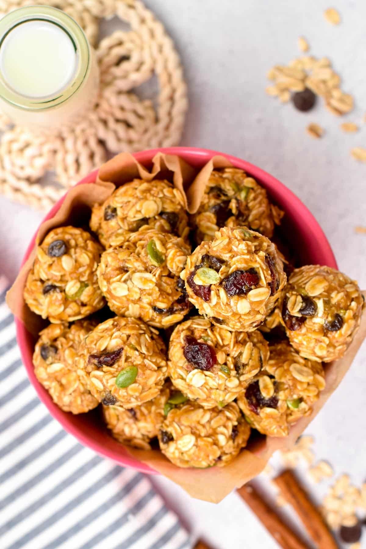 Nut-Free Energy Balls in a pink bowl.