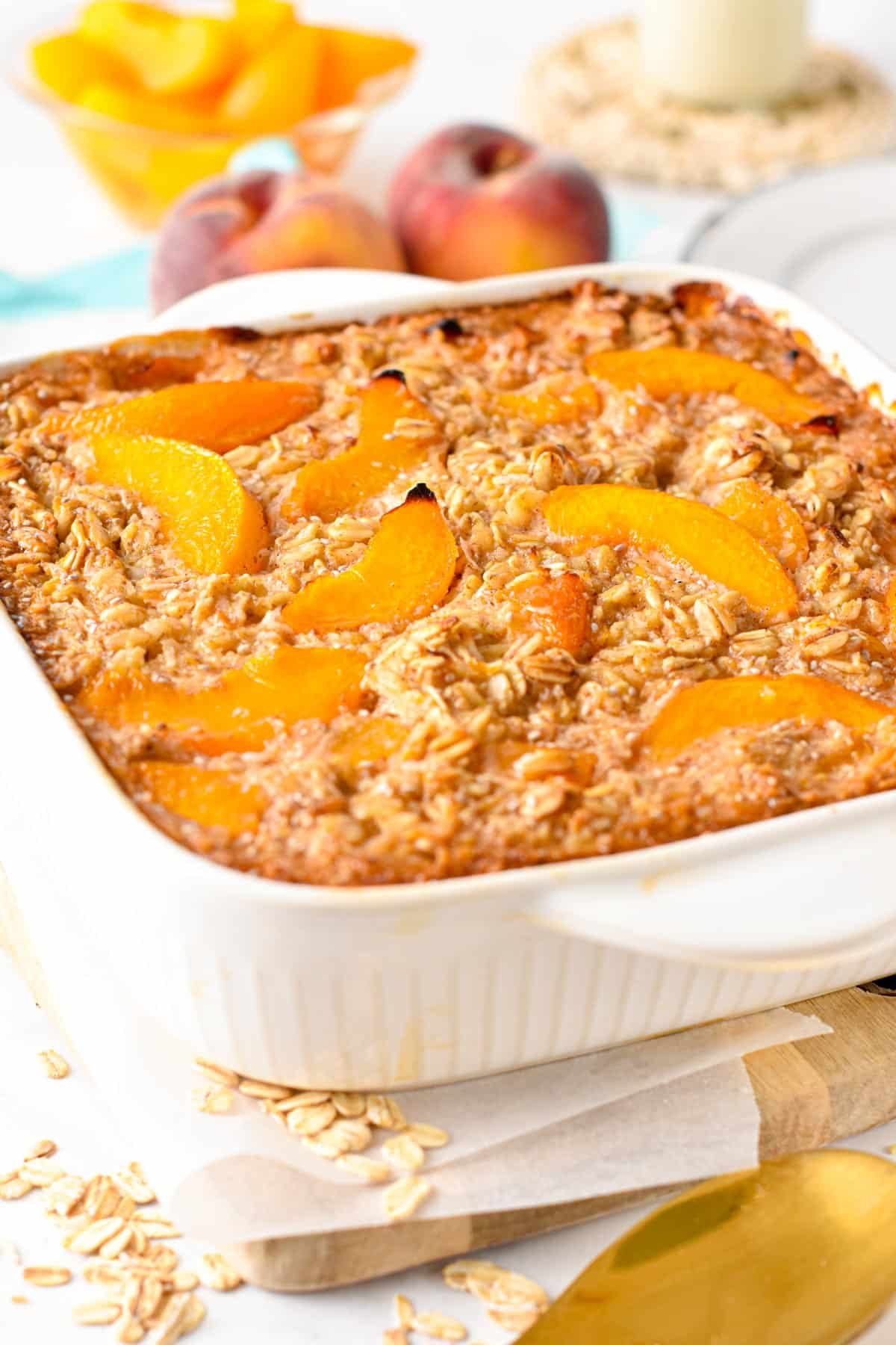 Peach Baked Oatmeal in a large baking dish.