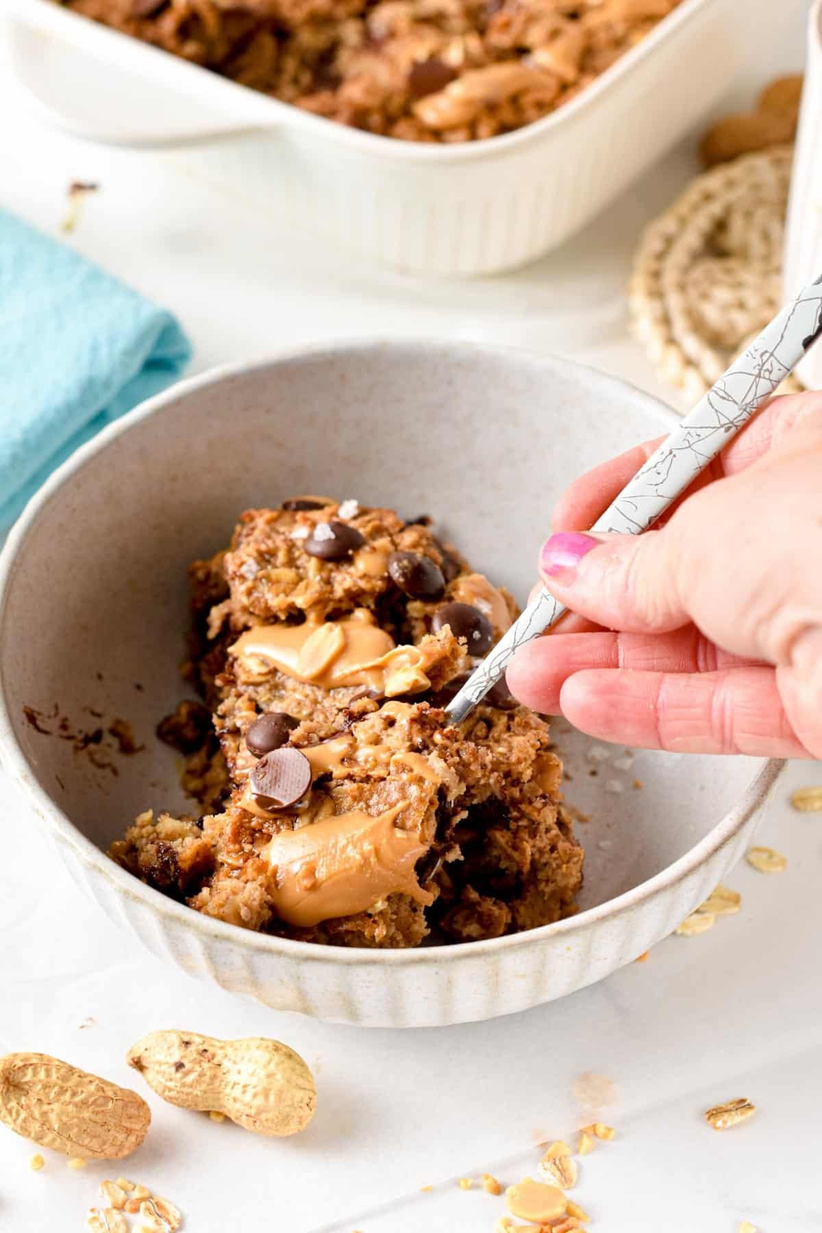 One serving of Peanut Butter Baked Oatmeal in a large bowl.