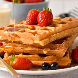 These Vegan Protein Waffles are easy crispy protein waffles packed with 8.5 g of proteins per serving. They are fully plant-based and easy to make in the morning in less than 20 minutes.