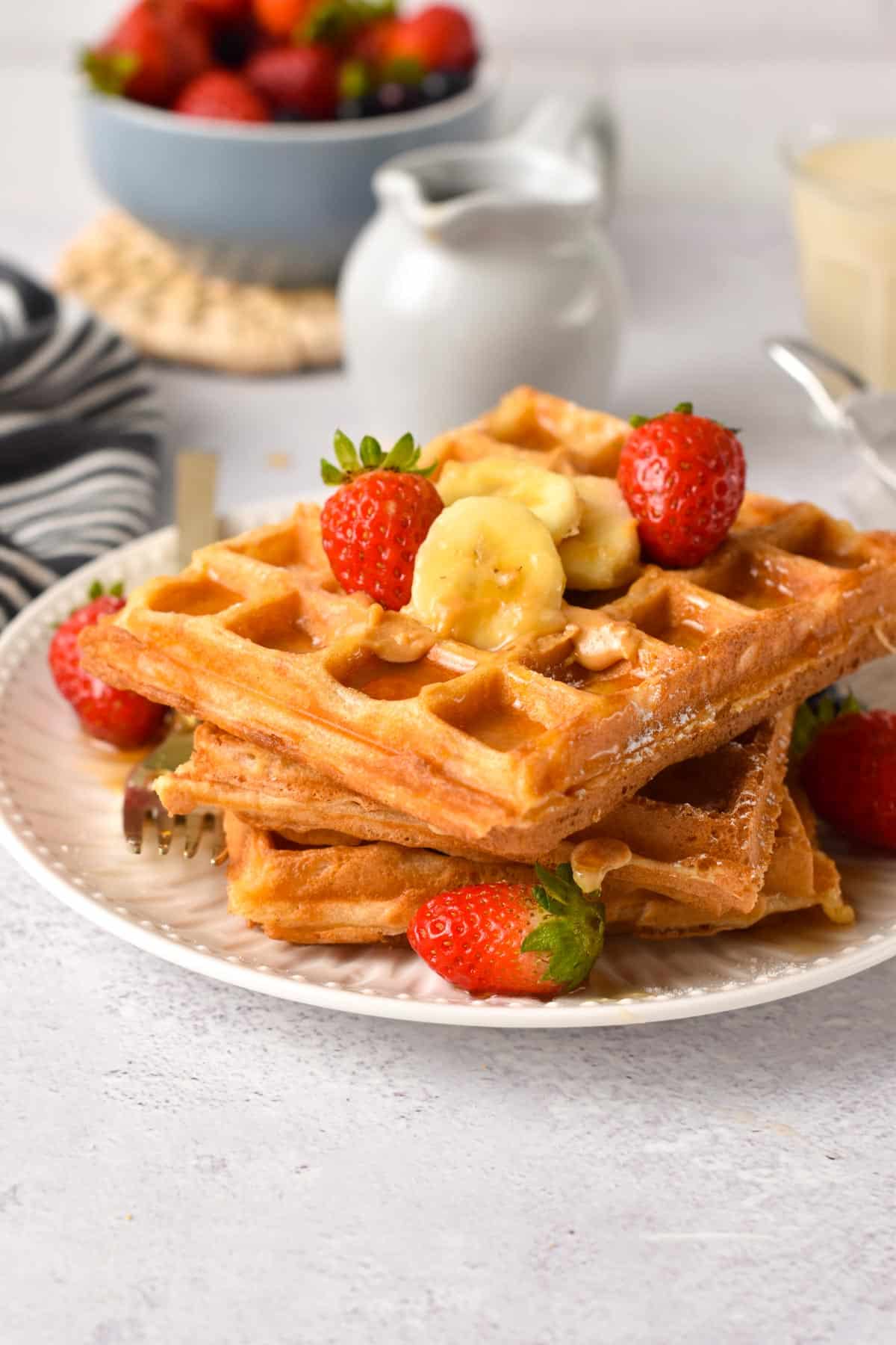 These Vegan Protein Waffles are easy crispy protein waffles packed with 8.5 g of proteins per serving. They are fully plant-based and easy to make in the morning in less than 20 minutes.