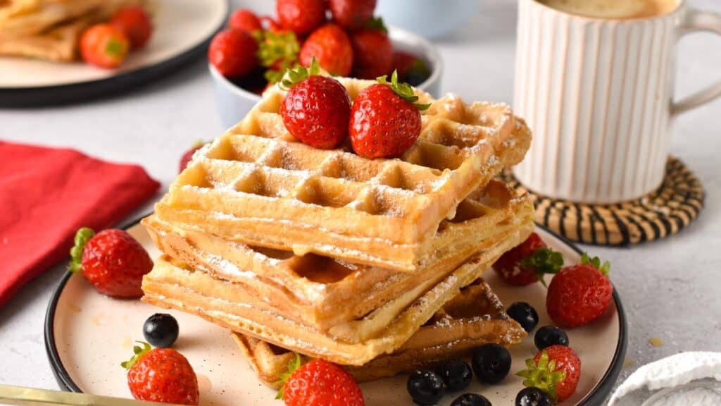 Vegan Waffles stacked on a plate and decorated with fresh raspberries and blueberries. 