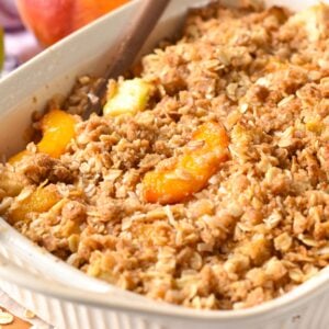 Apple and Peach Crumble in a ceramic pan