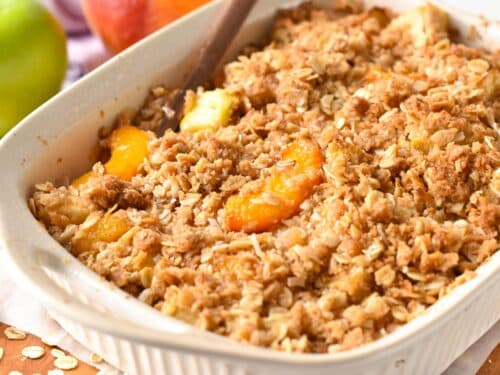 Apple and Peach Crumble in a ceramic pan
