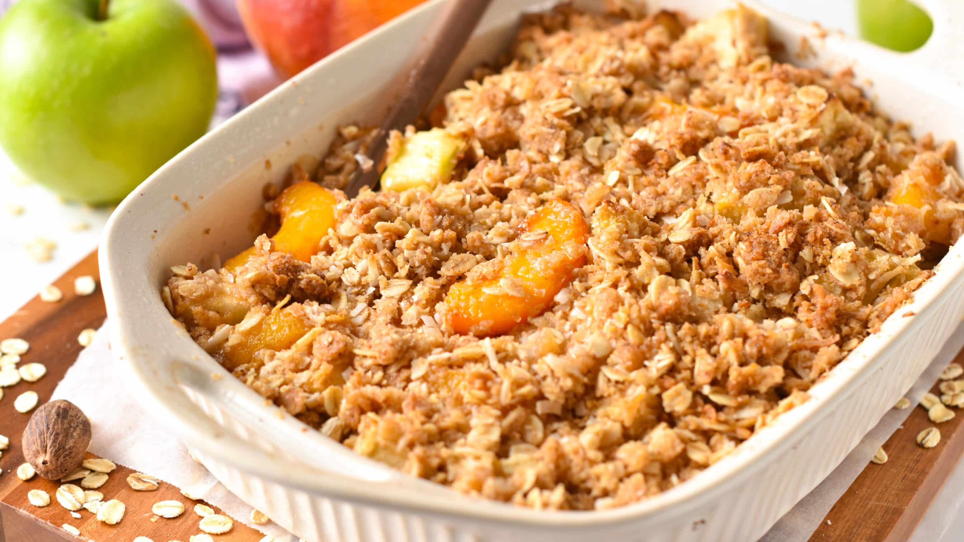 Apple and Peach Crumble in a ceramic pan