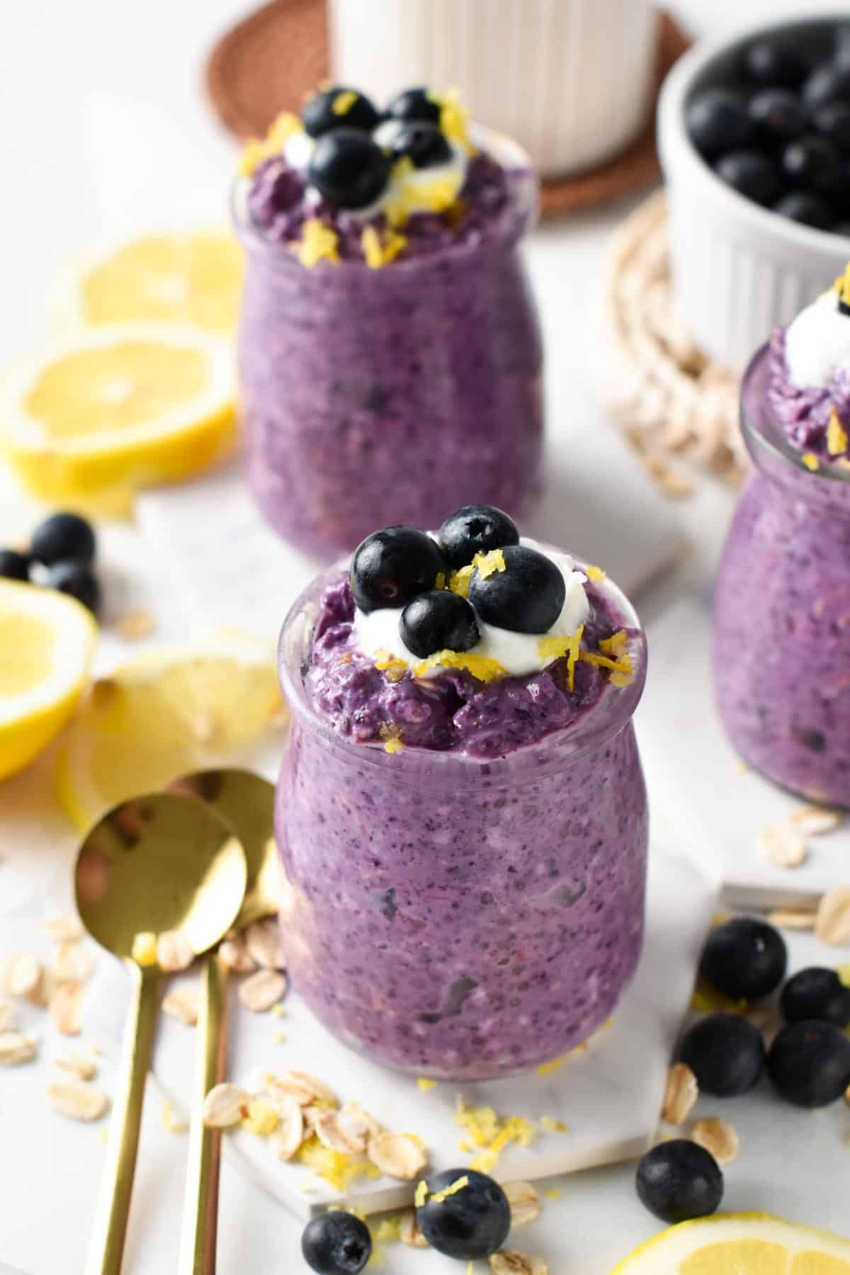 These blueberry overnight oats are a healthy creamy breakfasts packed with anti-inflammatory from blueberries and the most beautiful vibrant natural, purple color.