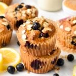 These Blueberry protein muffins are healthy blueberry muffins packed with 8.5 grams of proteins per serve. Plus, these protein muffins are also egg-free, dairy-free, and vegan-friendly.