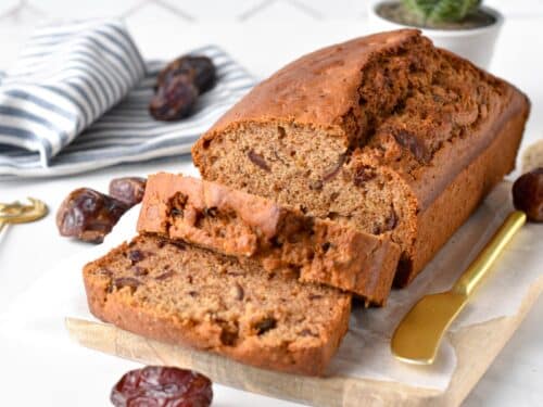 This Date Loaf is the most deliciously moist, sweet bread filled with sweet pieces of juicy dates. Plus, this date loaf recipe is also egg-free, dairy-free, and made healthier using wholesome ingredients.