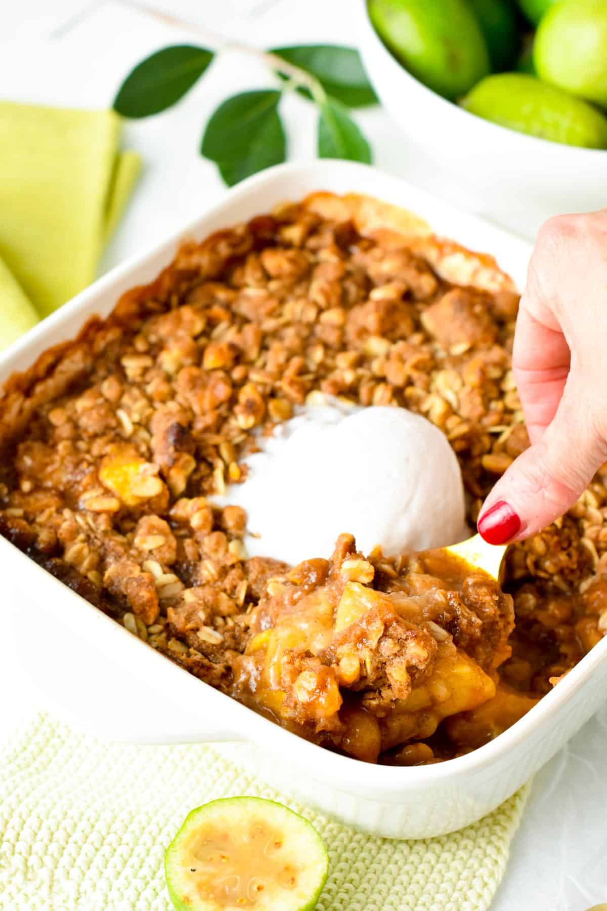 An easy Feijoa Crumble perfect to use all your Feijoa fruits this Autumn and serve as a delicious dessert to all the family.