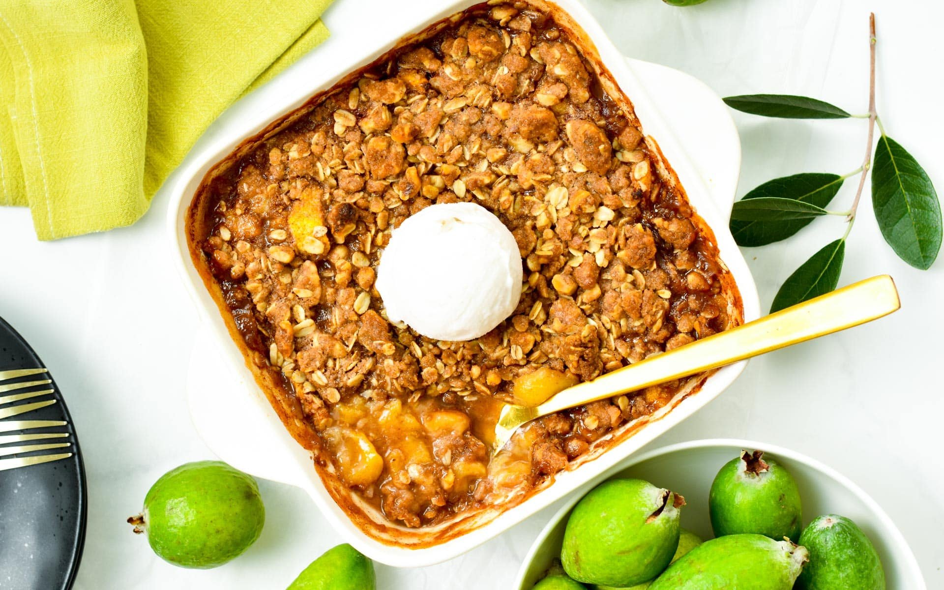 An easy Feijoa Crumble perfect to use all your Feijoa fruits this Autumn and serve as a delicious dessert to all the family.