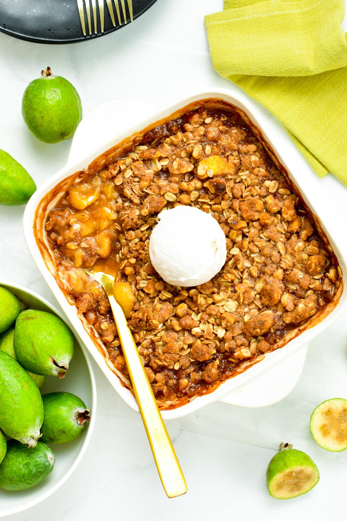 An easy Feijoa Crumble perfect to use all your Feijoa fruits this Autumn and serve as a delicious dessert to all the family. 
