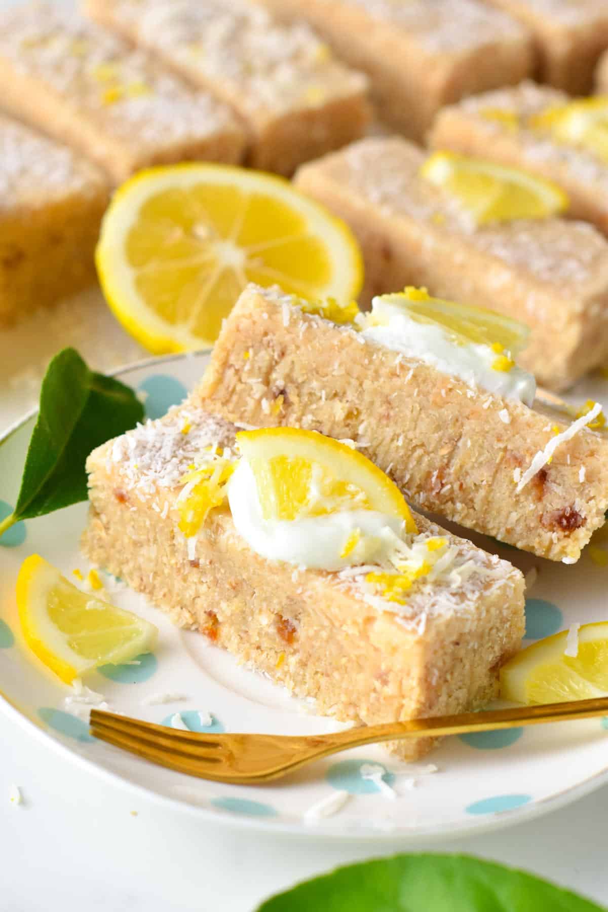 This healthy lemon slice is an easy healthy no baked lemon dessert that is also refined sugar-free, dairy-free, and vegan.