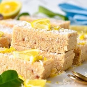 This healthy lemon slice is an easy healthy no baked lemon dessert that is also refined sugar-free, dairy-free, and vegan.