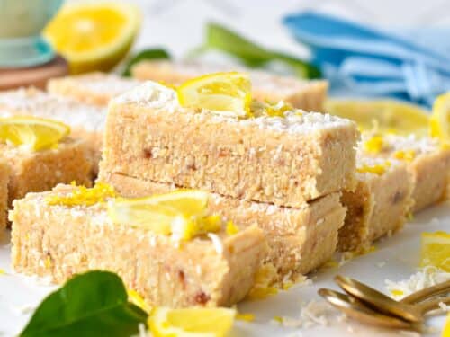 This healthy lemon slice is an easy healthy no baked lemon dessert that is also refined sugar-free, dairy-free, and vegan.