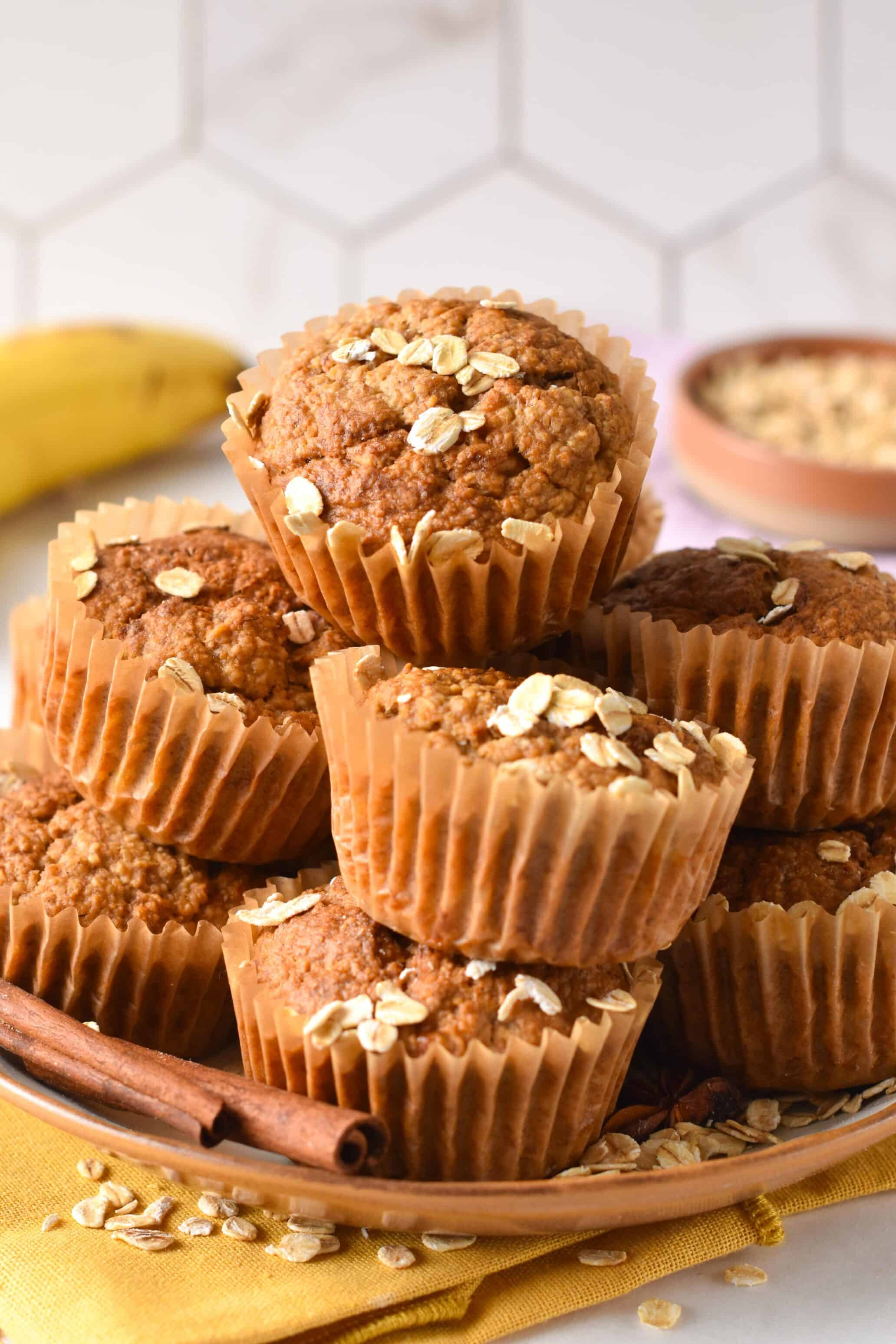 These Oat Flour Banana Muffins are healthy banana muffins made from oat flour. They are refined sugar-free, made with no eggs, no dairy, and the perfect healthy breakfast muffins.