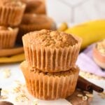 These Oat Flour Banana Muffins are healthy banana muffins made from oat flour. They are refined sugar-free, made with no eggs, no dairy, and the perfect healthy breakfast muffins.