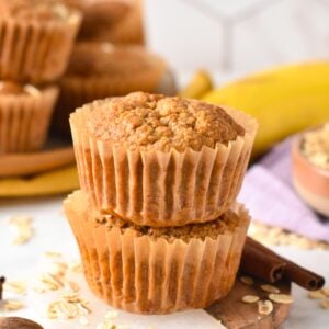 These Oat Flour Banana Muffins are healthy banana muffins made from oat flour. They are refined sugar-free, made with no eggs, no dairy, and the perfect healthy breakfast muffins.