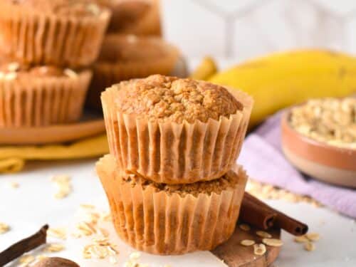 These Oat Flour Banana Muffins are healthy banana muffins made from oat flour. They are refined sugar-free, made with no eggs, no dairy, and the perfect healthy breakfast muffins.