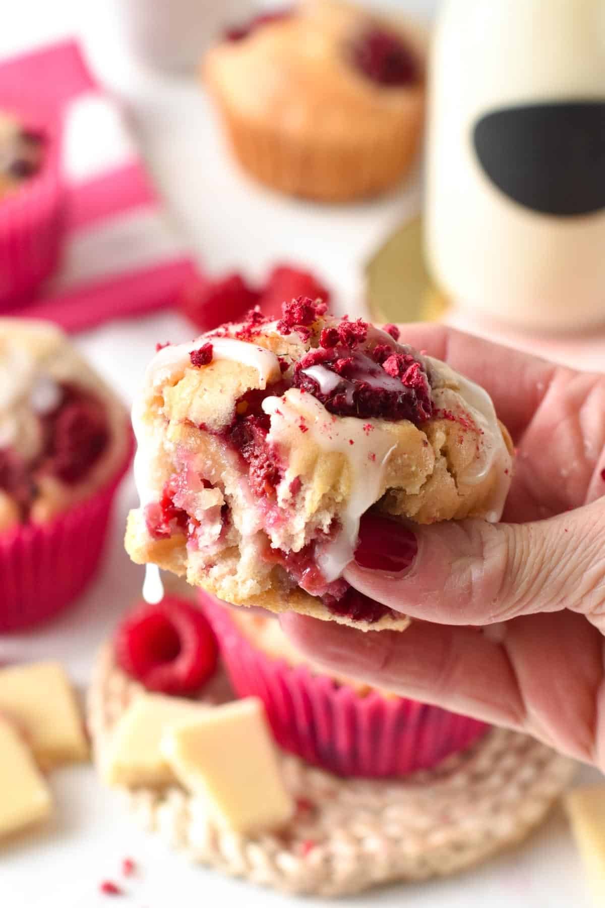 These Raspberry White Chocolate Muffins are moist vanilla muffins filled with delicious white chocolate bits and juicy raspberries. They are delicious breakfast muffins or a sweet treat in the afternoon.