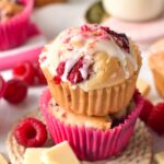 These Raspberry White Chocolate Muffins are moist vanilla muffins filled with delicious white chocolate bits and juicy raspberries. They are delicious breakfast muffins or a sweet treat in the afternoon.