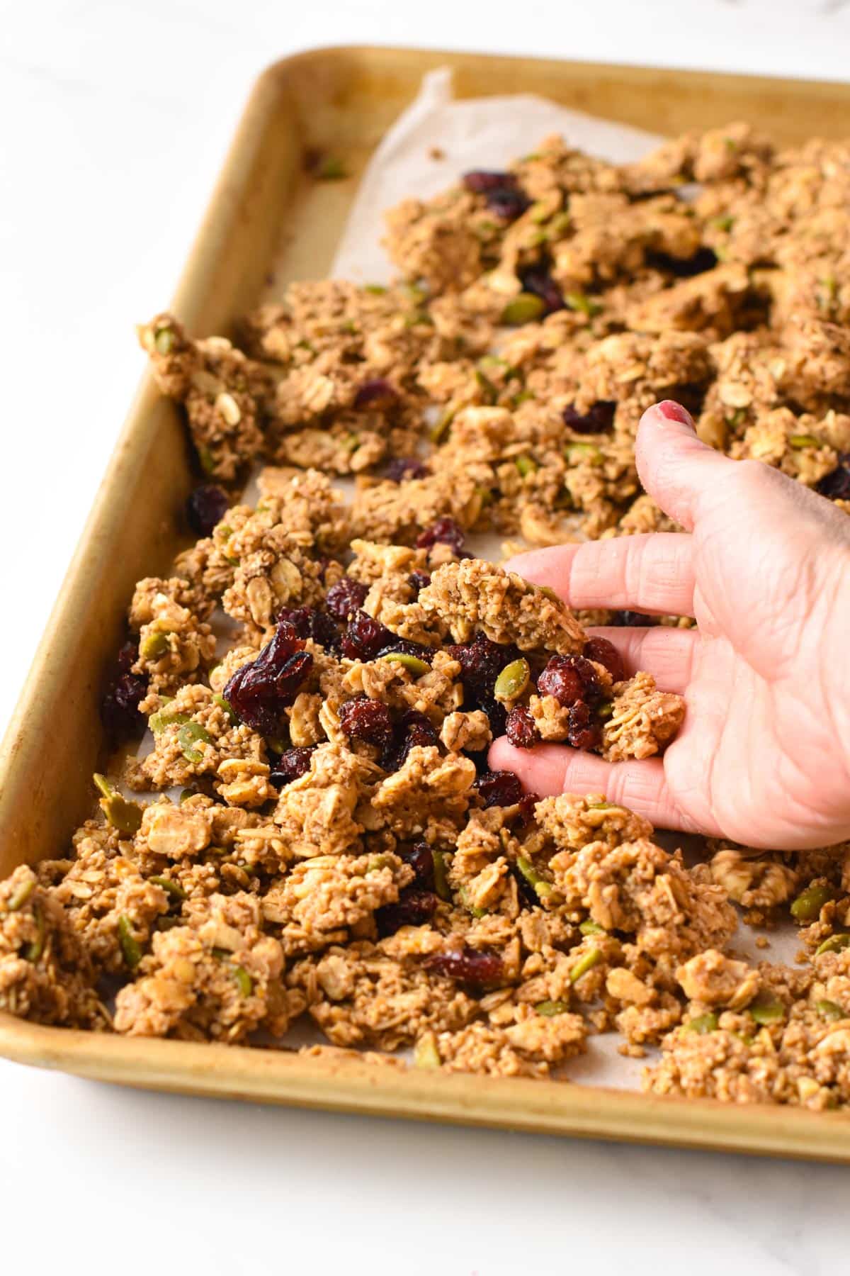 Homemade Steel Cut Oats Granola in the hand.