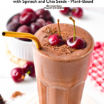 This Chocolate Cherry Smoothie is a thick and creamy chocolate smoothie packed with cherries. It has the most delicious chocolate cherry flavors, like a black forest dessert but in healthy drinks packed with spinach and chia seeds to energize you.