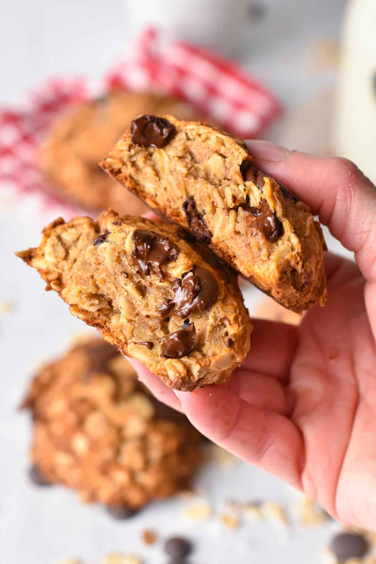 These Protein Oatmeal Cookies are easy oatmeal cookies packed with 14 grams of protein and a delicious banana, peanut butter, and chocolate flavor