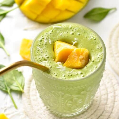 This Mango Spinach Smoothie is a refreshing, smooth, and creamy green smoothie packed with vitamins from leafy greens.