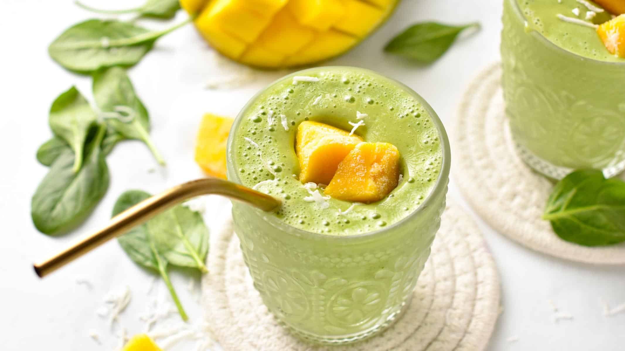 This Mango Spinach Smoothie is a refreshing, smooth, and creamy green smoothie packed with vitamins from leafy greens.