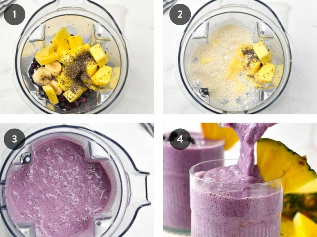 Collage of steps to make the Blueberry Pineapple Smoothie