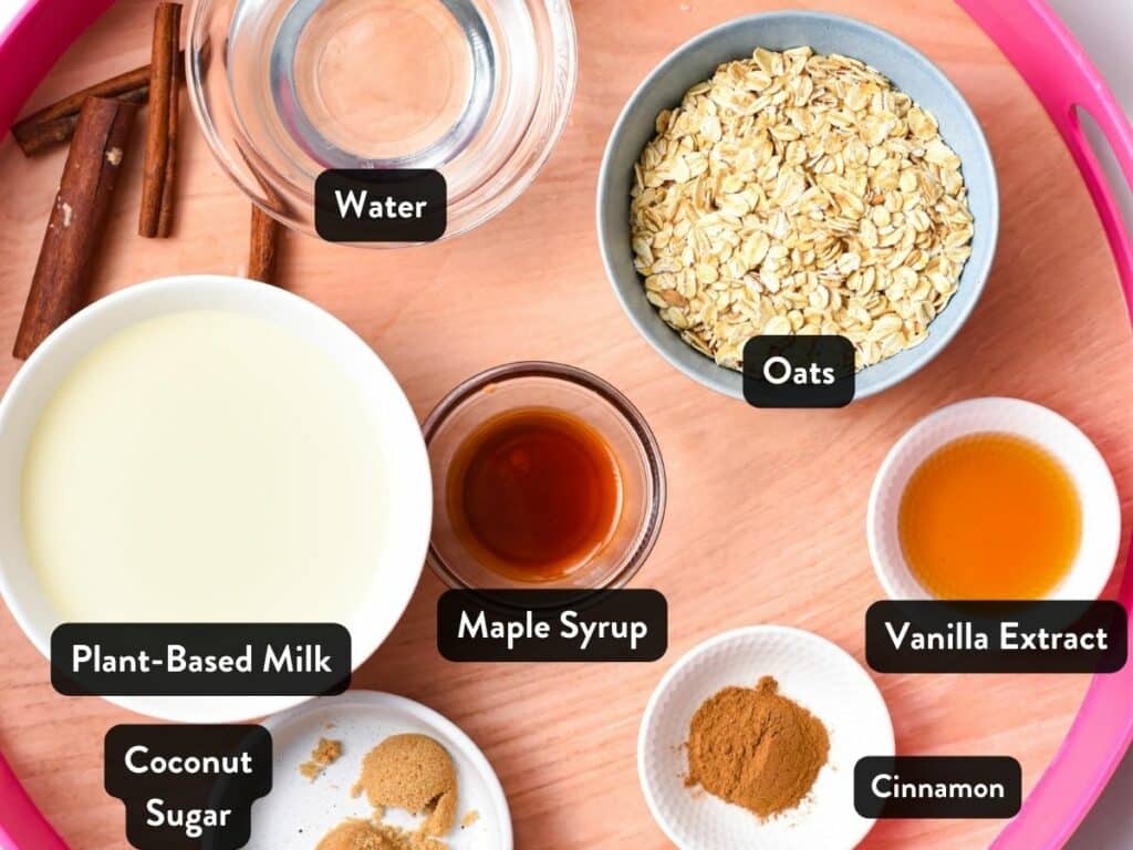 Cinnamon Oatmeal Ingredients in small bowls with labels