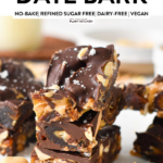 pieces of date bark made with Medjool dates, peanuts, peanut butter and melted dark chocolate