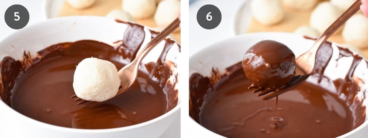 Dipping coconut balls in melted chocolate.