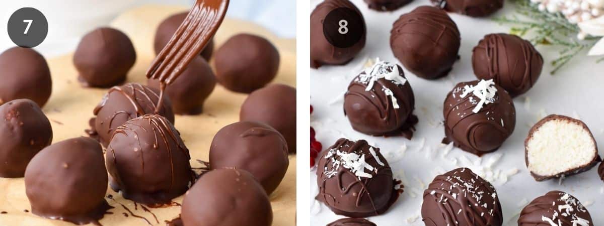 Freezing and decorating steps of the recipe to make chocolate coconut balls.