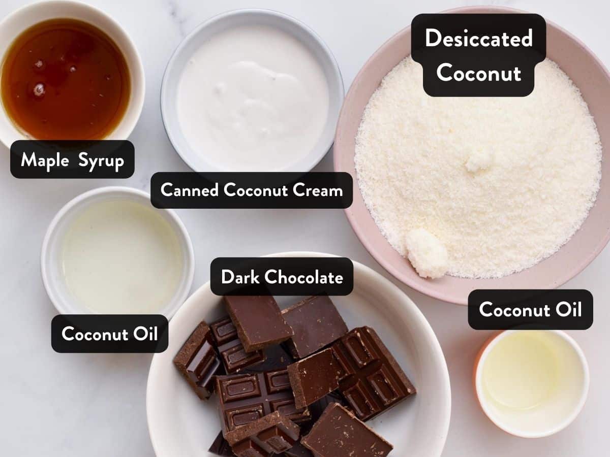 Ingredients for Chocolate Coconut Balls in small bowls.