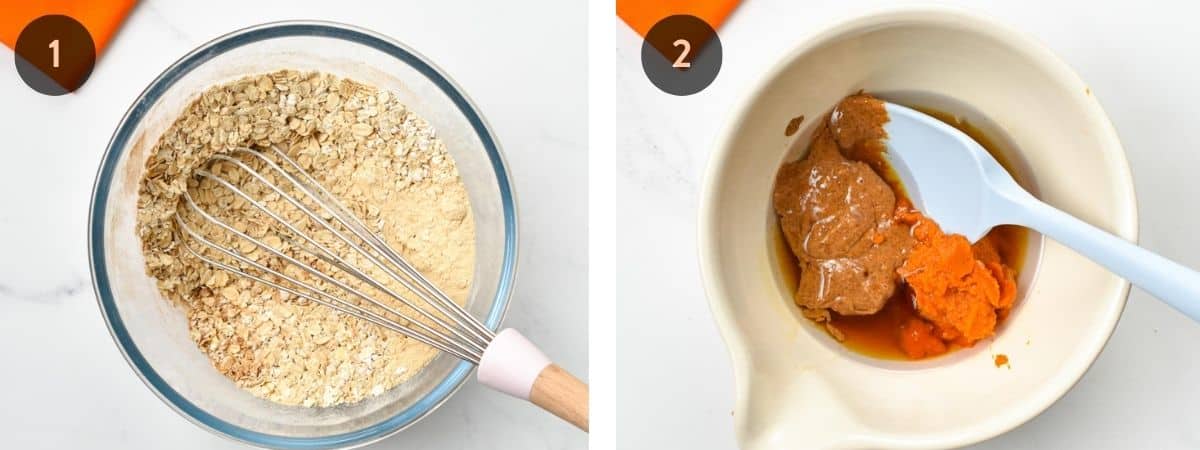 Step one and two of making Pumpkin Protein Cookies: combining wet ingredients in a bowl and dry ingredients in another bowl.
