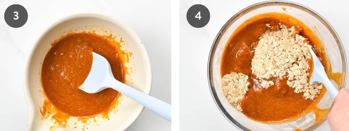 Stir wet ingredients to the dry ingredients to make Pumpkin Protein Cookies