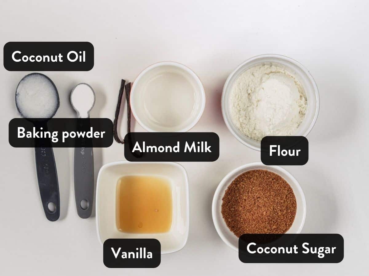 Vanilla Mug Cake ingredients in small serving bowls.