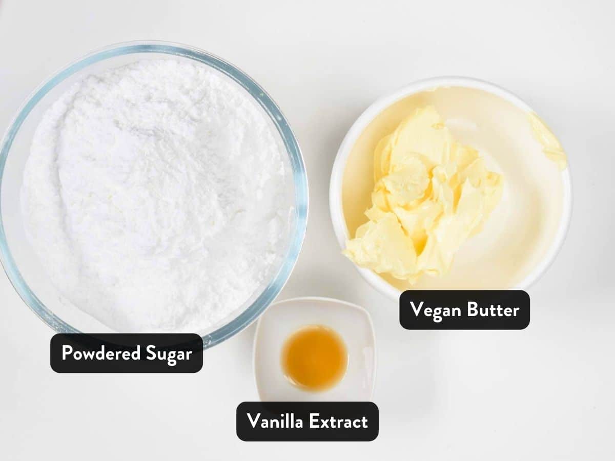 Vegan Vanilla Frosting Ingredients in small serving bowls and cups.