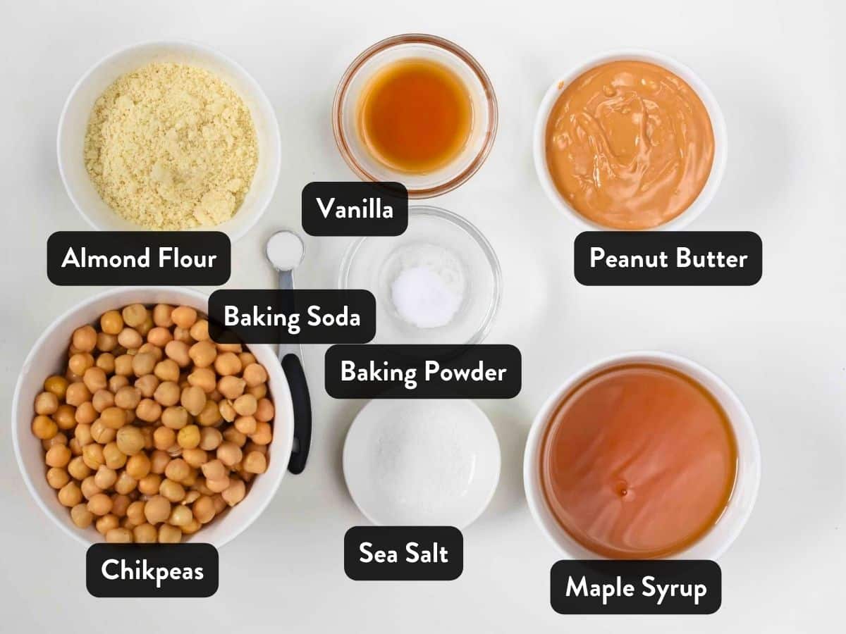 Ingredients for Chickpea Blondie in bowls and ramekins 