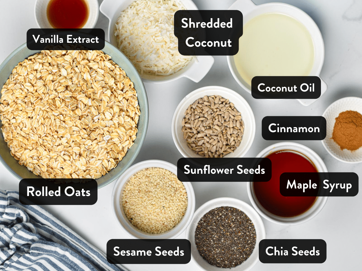 Ingredients for Nut-free Granola in bowls and ramekins.